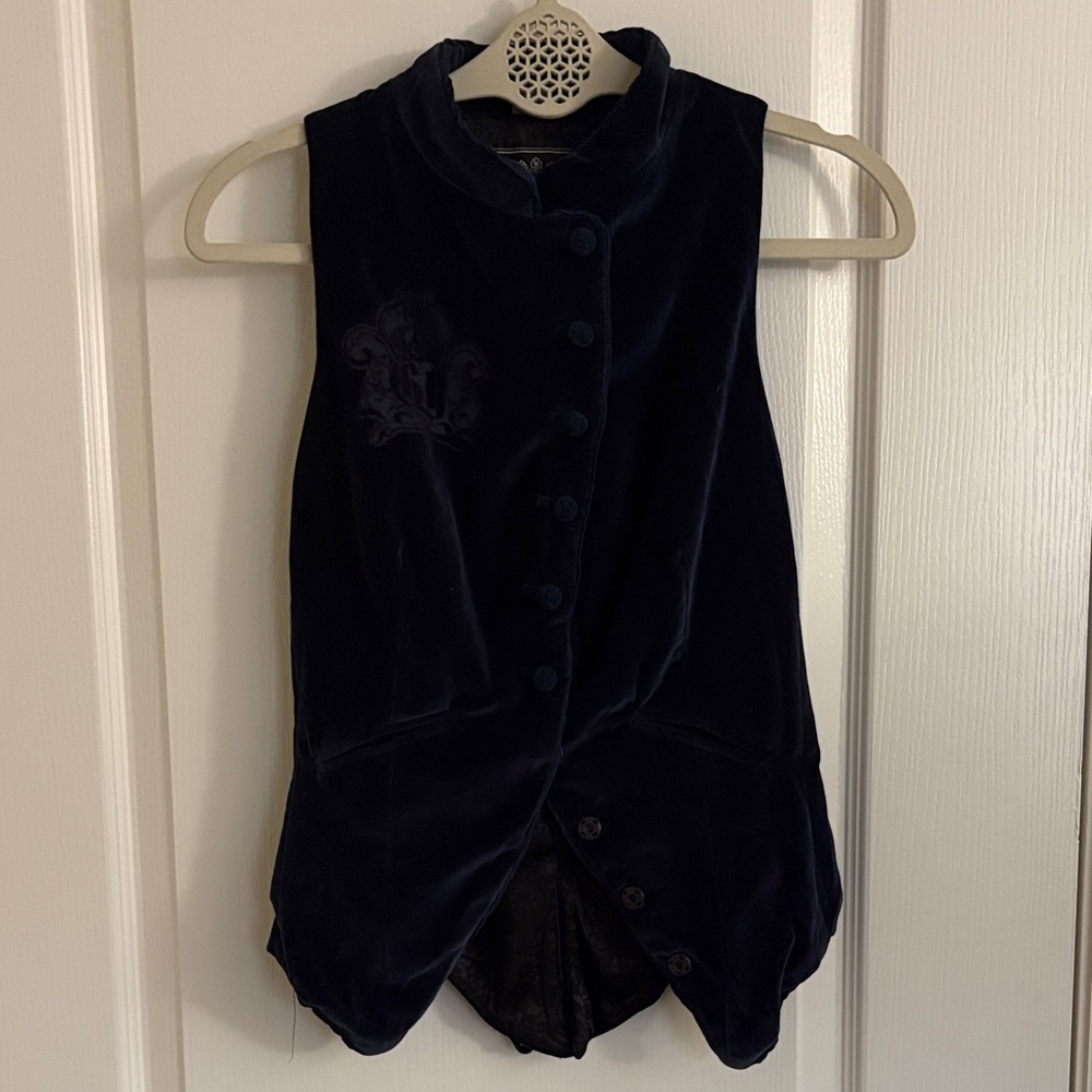 Vtg. Guess Navy Blue Velvet Romantic Renaissance Bridgerton Style Vest